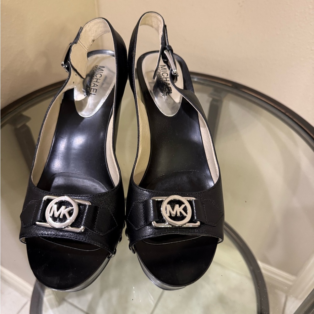 Michael Kors Black Peep Toe Heels with Silver Accent